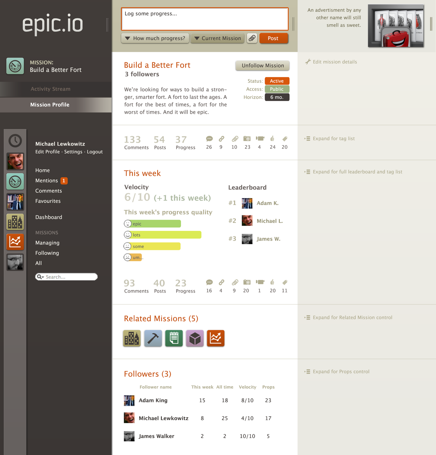 Epic.io mission profile page