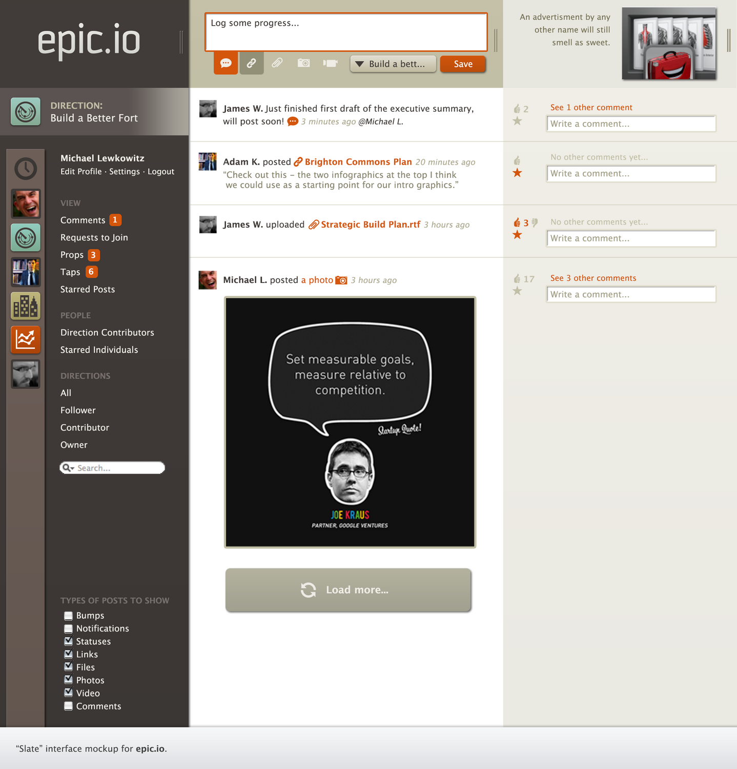 Epic.io mission activity stream interface